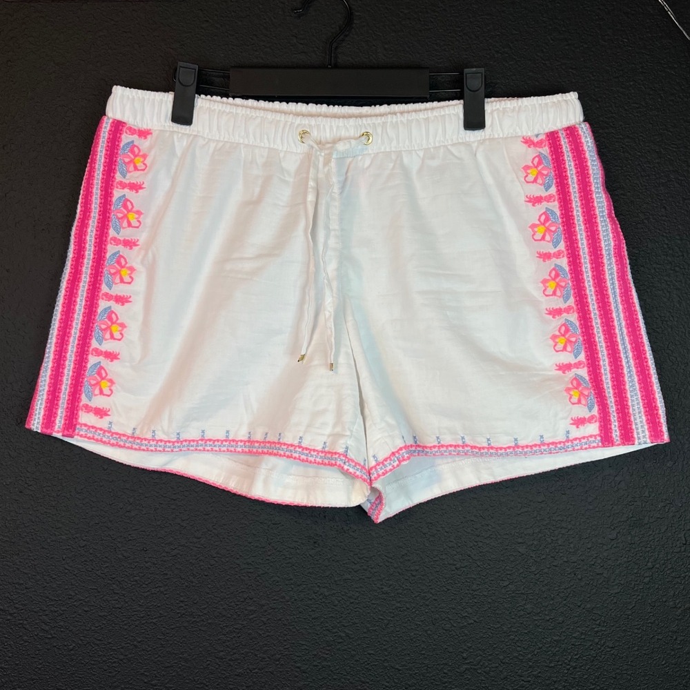 Lilly Pulitzer White Embroidered Shorts Womens Large Beach Resort Pull On Cotton